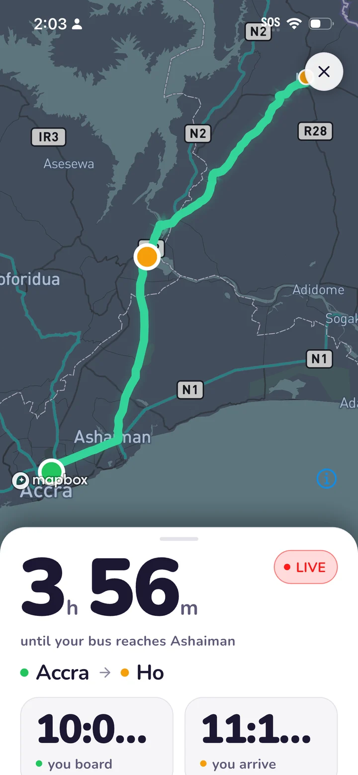 A live map of the bus on the road to Ashaiman, with the minutes until it arrives