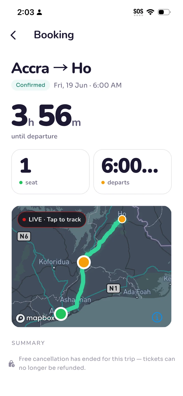 The Zoomaa app: a booked trip from Accra to Ho, with the time to departure and the bus on a live map