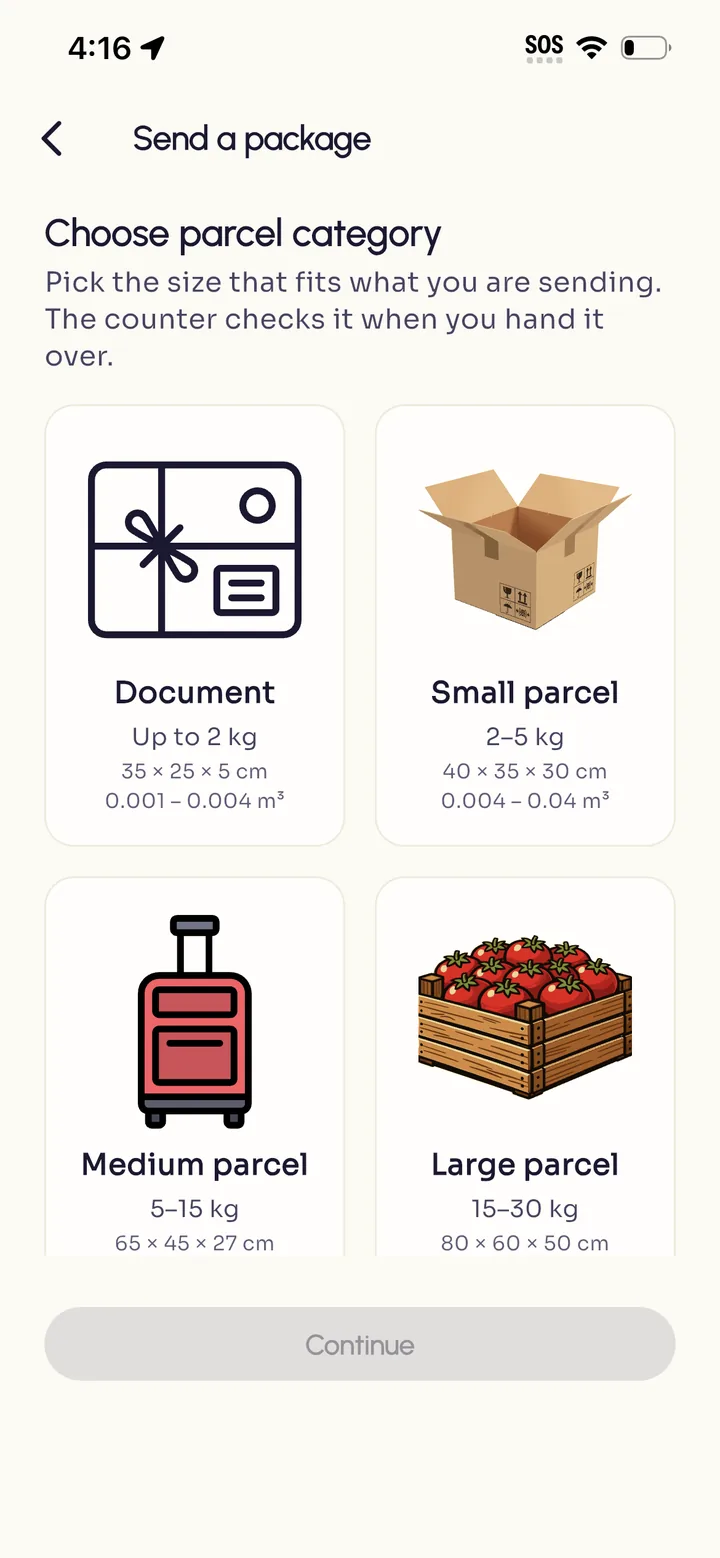 Choosing a parcel category in Zoomaa: document, small, medium or large parcel