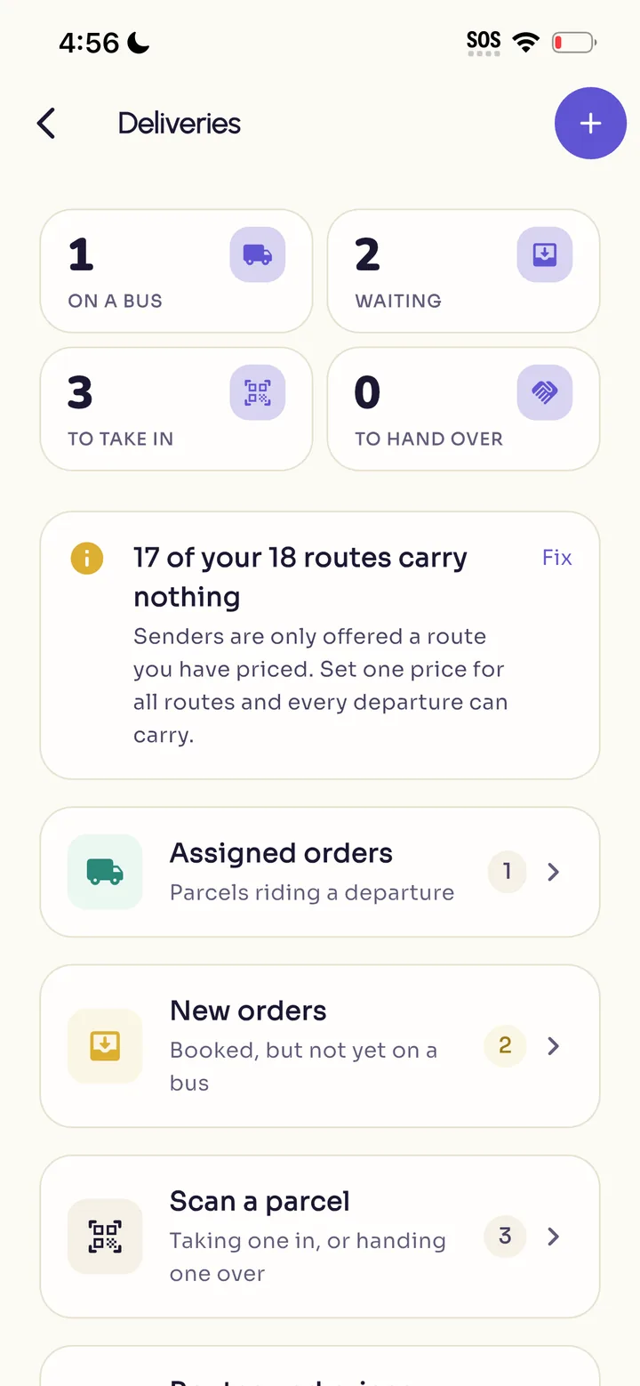 The bus company's deliveries screen in Zoomaa Partner: parcels on a bus, waiting and to hand over
