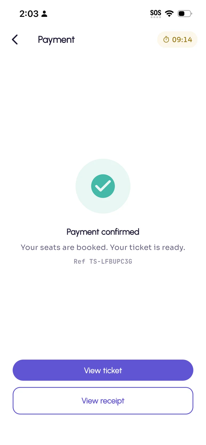 Payment confirmed: the seats are booked and the ticket is ready