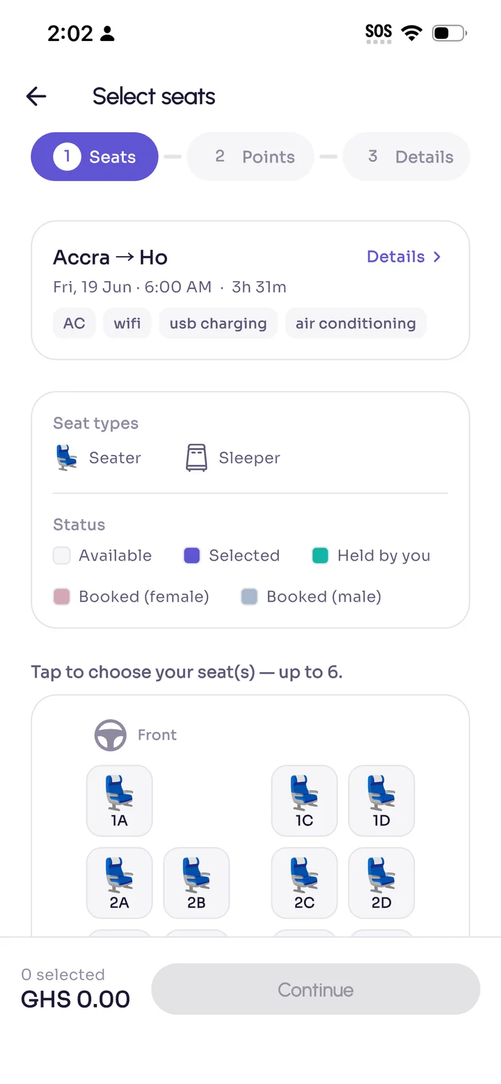 The seat map of a coach, with seat 1C selected