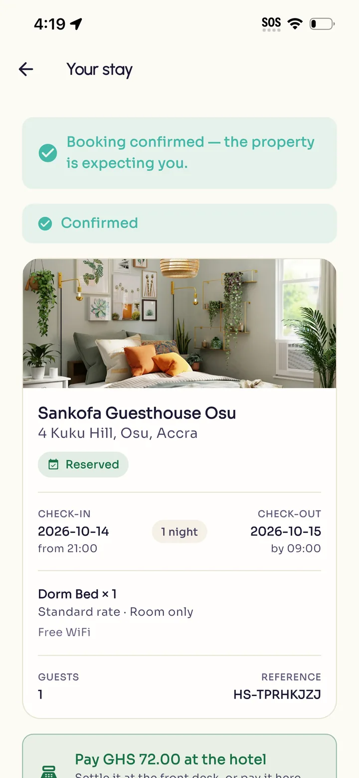 A confirmed stay at Sankofa Guesthouse Osu, with check-in and check-out