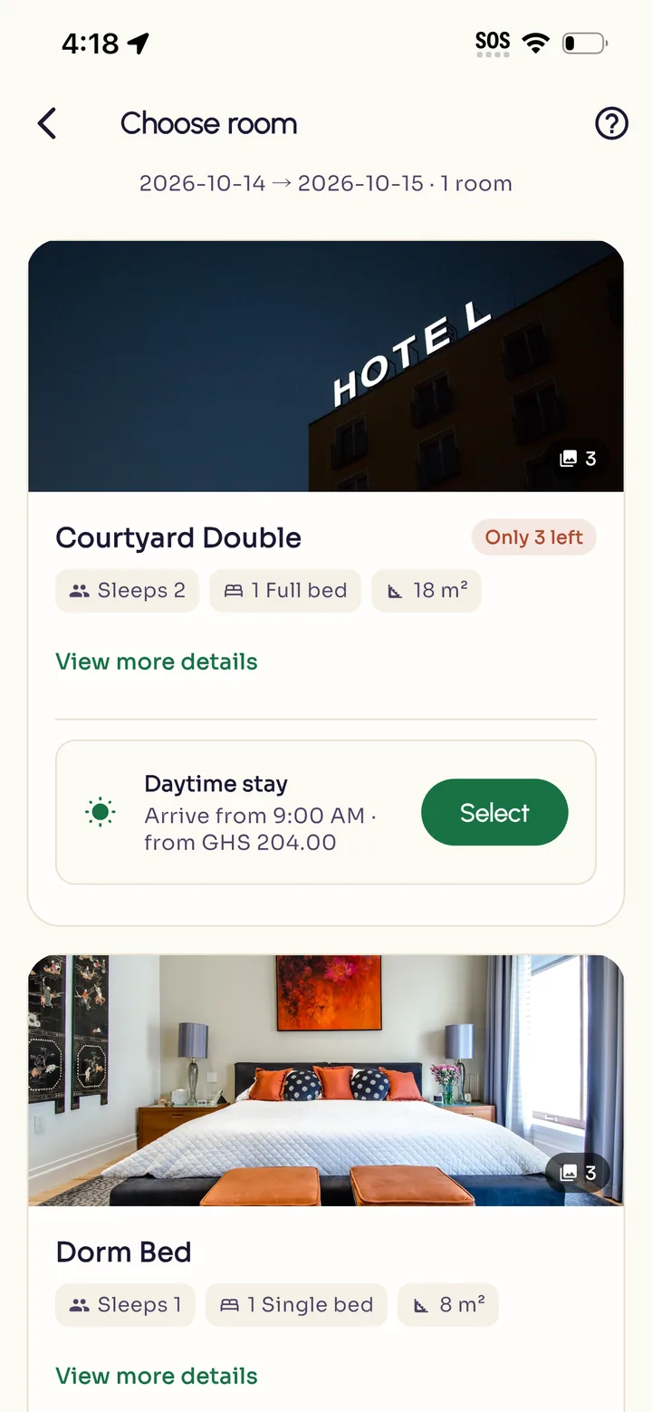 Choosing a room at a guesthouse, with day and overnight options